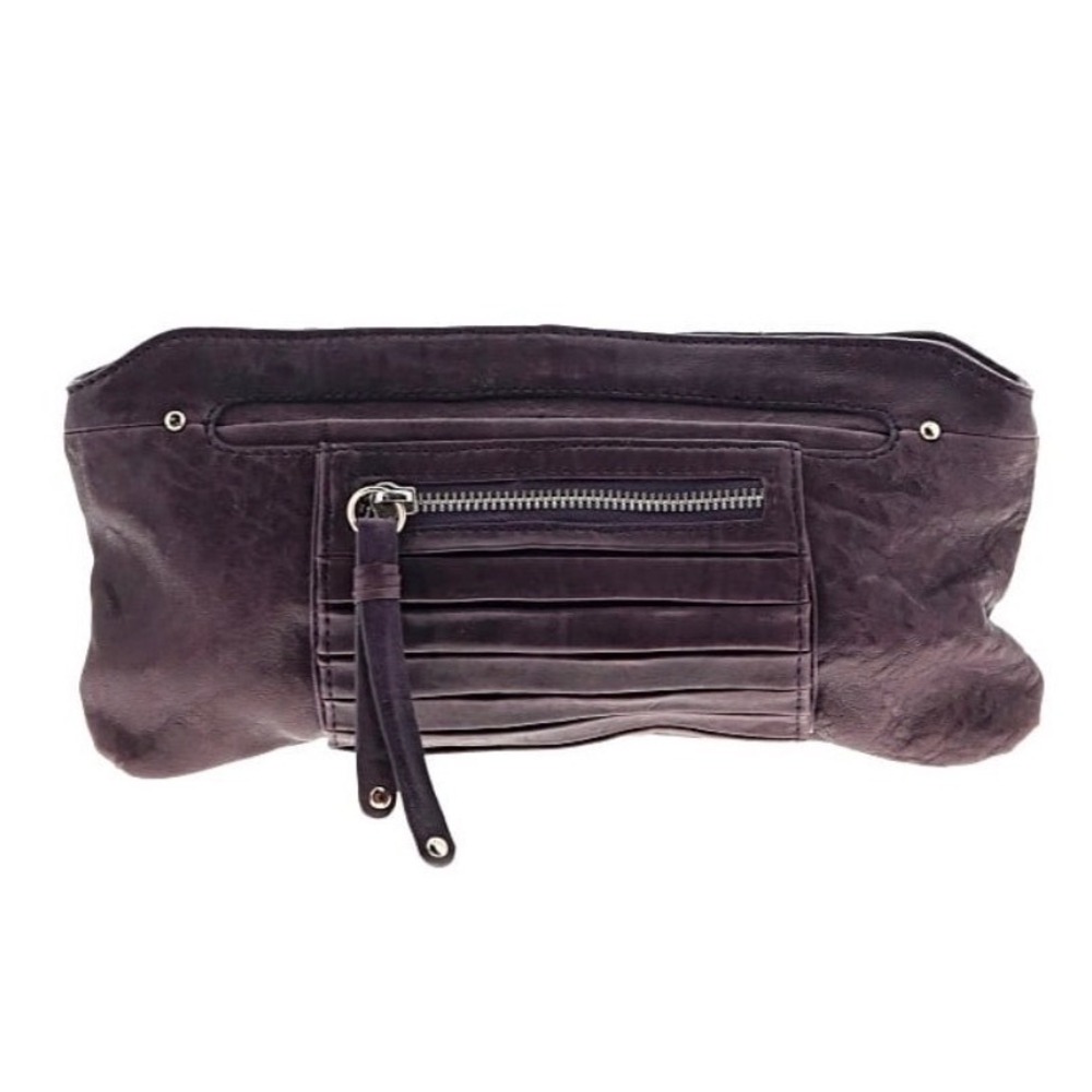 Flawed Gem! Purple Leather Pleated Zip Front Clutch Bag Slouchy Pouch Plum
